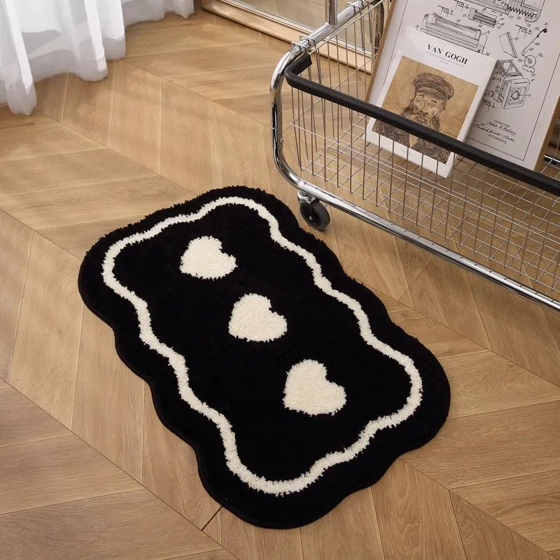 Bathroom Modern Rugs Non-Slip Black with White Mats Funny Heart Design Washable Bath Rugs Microfiber 욕실 소품 세트 גומי למקלחת רצפה