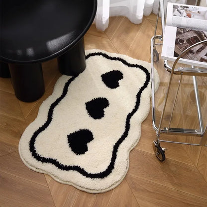 Bathroom Modern Rugs Non-Slip Black with White Mats Funny Heart Design Washable Bath Rugs Microfiber 욕실 소품 세트  גומי למקלחת רצפה